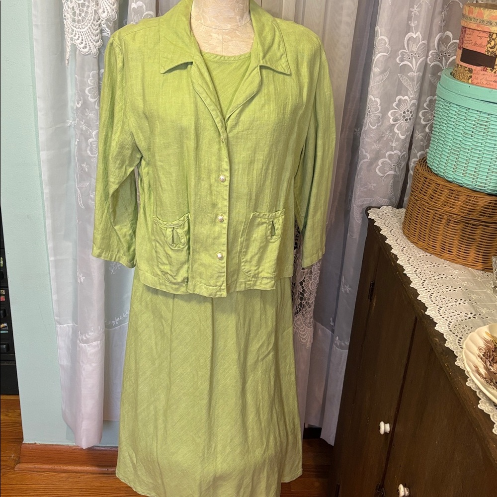 100% Linen Pale Lime Dress Ensemble Sz L by Barbara Lesser